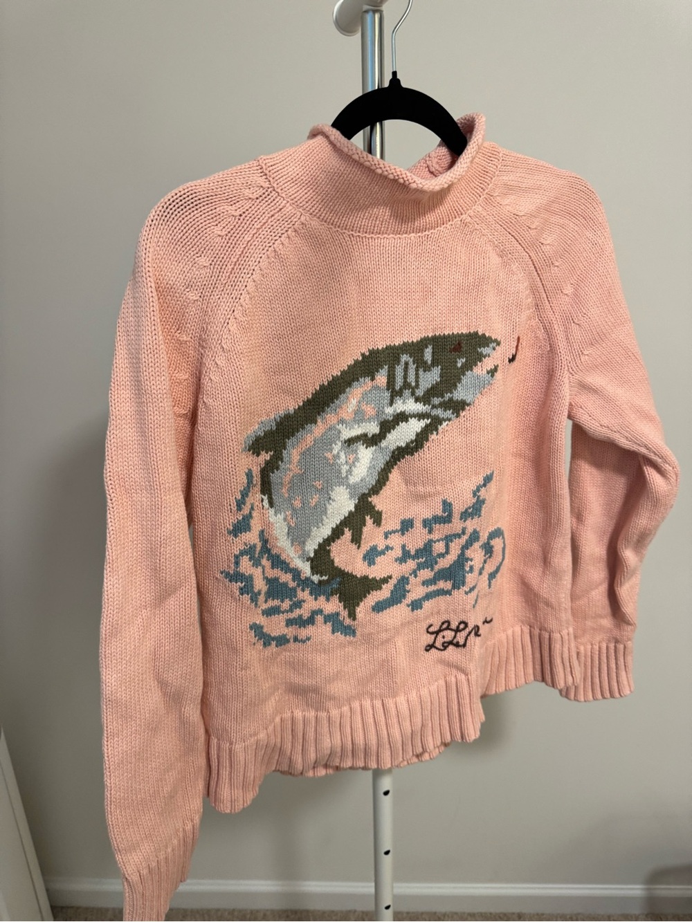 LL Bean Peach Knit Sweater with Fish Motif